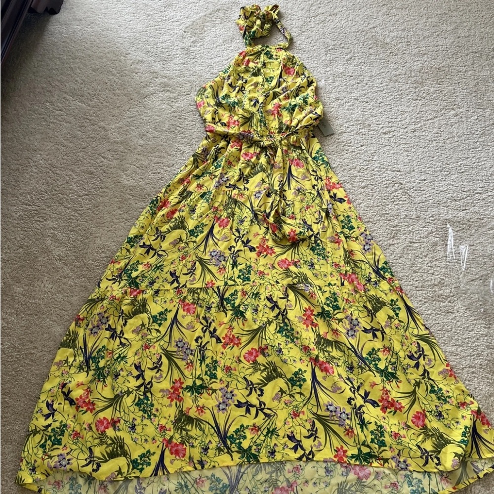 Women's Yellow Tropical Floral Halter Maxi Dress  Size S Flowy‎ Rayon hi low hem